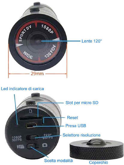 Sport camera per casco, bicicletta, mountain bike, sci