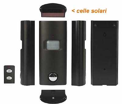 Sensore di passaggio PIR con sirena di allarme: dettaglio dei componenti e del pannellino solare