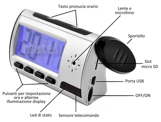 Sveglia con telecamera spia occultata e registratore