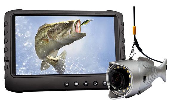Telecamera per pesca subacquea e canna con monitor e registratore