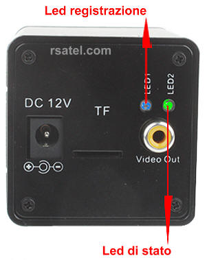 Telecamera videosorveglianza infrarossi + DVR integrato: slot SD, uscita video, alimentazione 